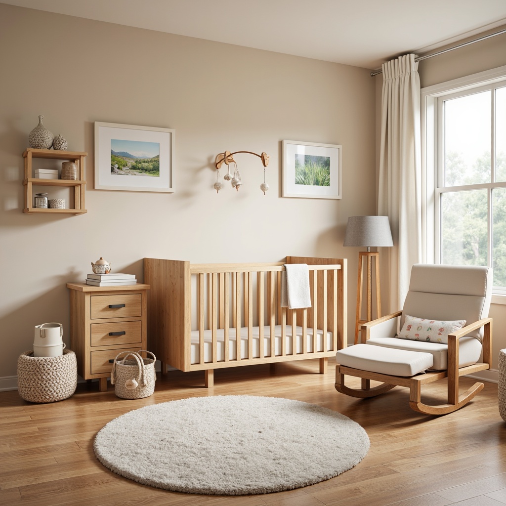 Prompt: Calm nursery ambiance, soft pastel colors, gentle lighting, plush area rug, sturdy wooden crib, comfortable glider rocker, safety gates, secure storage cabinets, rounded corner protectors, electrical outlet covers, non-slip flooring, baby-proofed furniture, breathable fabrics, natural wood accents, warm beige walls, cozy reading nook, soothing mobiles, calming artwork, soft music player, gentle ventilation system, 1/2 composition, shallow depth of field, warm soft lighting, realistic textures, ambient occlusion.