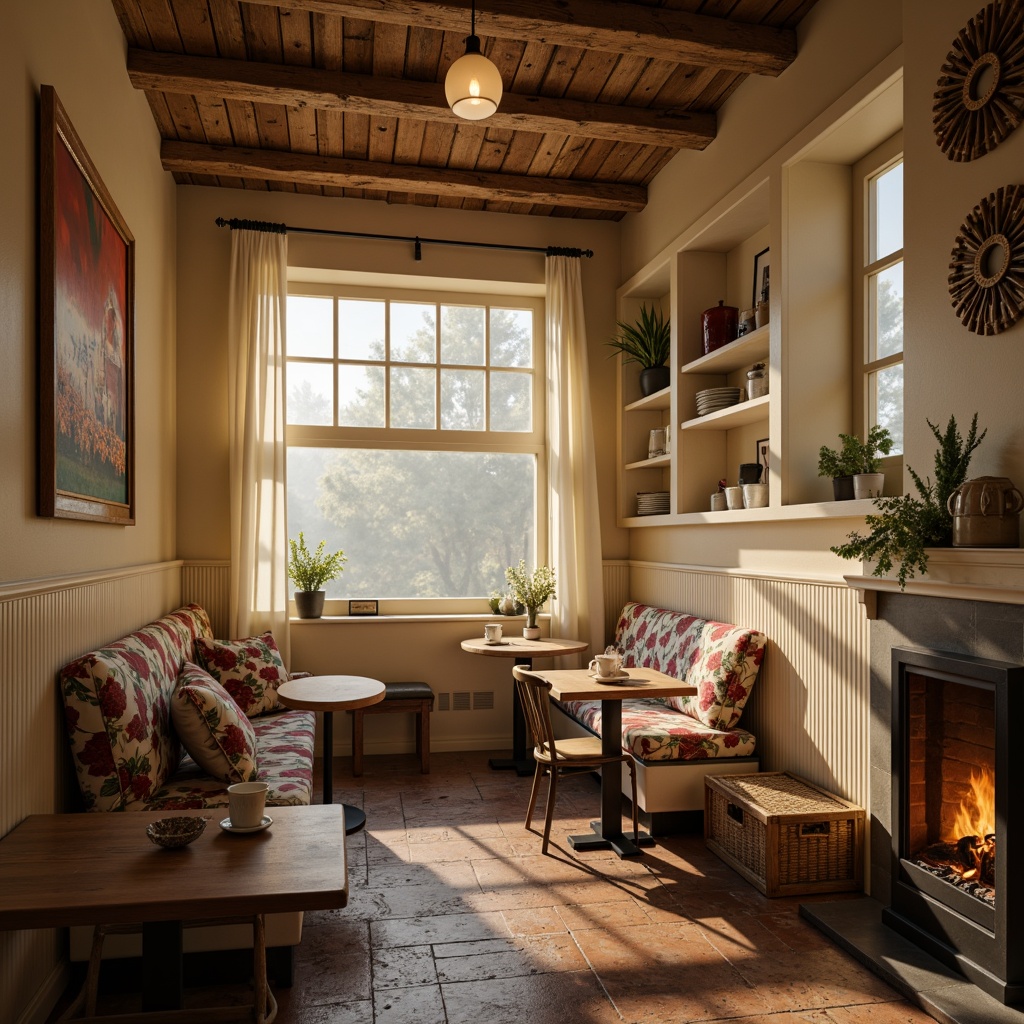 Prompt: Warm breakfast nook, soft morning light, warm beige walls, rustic wooden tables, plush cushions, vintage metal chairs, floral patterns, creamy white cabinets, subtle aroma, gentle steam, warm coffee cups, crackling fireplace, ambient warm glow, cozy corner seating, natural stone flooring, earthy color palette, softbox lighting, warm LED strips, 1/2 composition, intimate atmosphere, realistic textures.