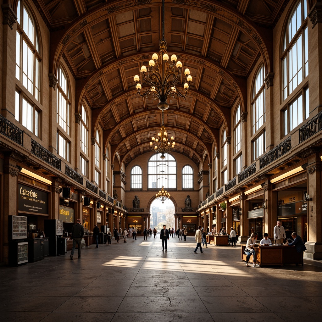 Prompt: Grandiose train station, vaulted ceilings, ornate chandeliers, elegant pendant lights, bronze fixtures, intricate metalwork, warm golden lighting, coffered ceiling details, imposing columns, rich wood paneling, vintage luggage racks, distressed stone flooring, majestic archways, ornamental railings, sophisticated signage, lively urban atmosphere, afternoon sunlight, shallow depth of field, 1/2 composition, realistic textures, ambient occlusion.