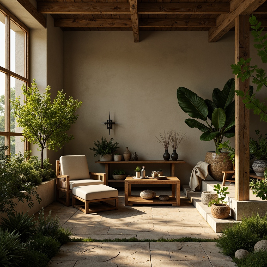 Prompt: Earthy olive tones, muted greenery, natural stone textures, rustic wooden accents, vintage metal decor, warm beige backgrounds, soft golden lighting, misty atmospheric effects, 3/4 composition, intimate close-ups, realistic renderings, ambient occlusion, subtle gradient overlays.