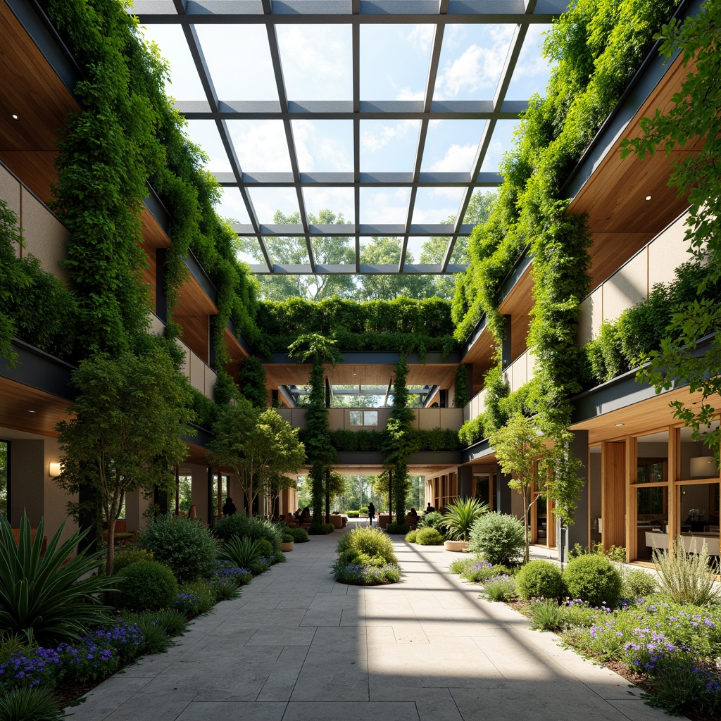 Prompt: Vibrant atrium, lush green walls, natural stone flooring, large skylights, clerestory windows, solar tubes, reflective surfaces, minimalist interior design, eco-friendly materials, bamboo ceilings, reclaimed wood accents, earthy color palette, soft warm lighting, shallow depth of field, 1/1 composition, panoramic view, realistic textures, ambient occlusion.