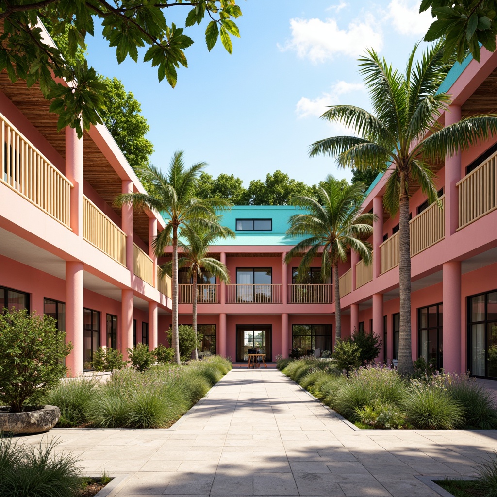 Prompt: Vibrant tropical public administration building, coral pink walls, turquoise accents, lush green roofs, palm tree-lined entrance, natural stone floors, wooden shutters, ocean-inspired railings, colorful ceramic tiles, bright white columns, modern minimalist design, large glass windows, sliding doors, airy open spaces, warm sunny day, soft diffused lighting, shallow depth of field, 1/1 composition, realistic textures, ambient occlusion.