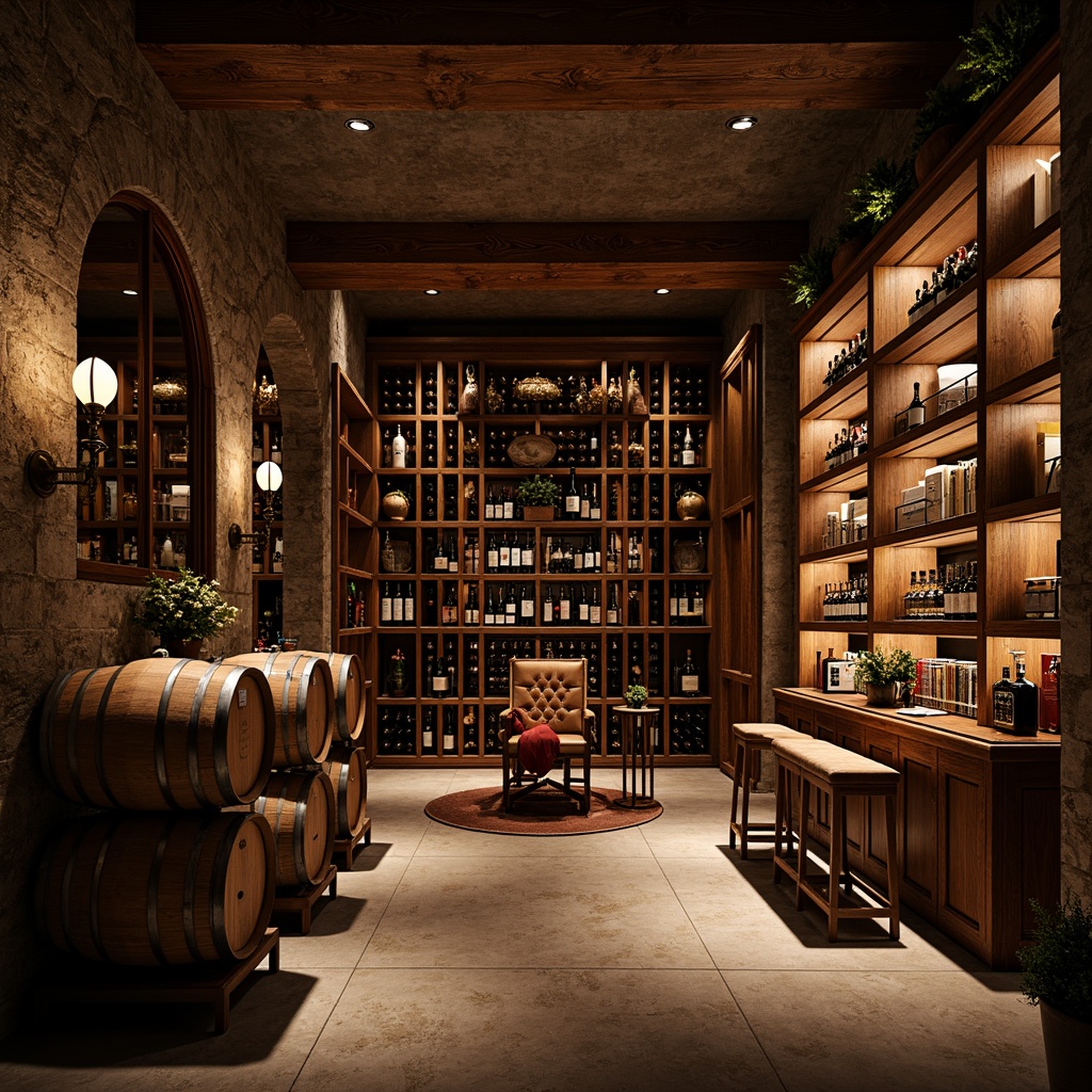 Prompt: Elegant wine cellar, rich wooden racks, ornate metalwork, vintage wine barrels, dim warm lighting, rustic stone walls, academic-inspired decor, classic library ladders, sliding bookshelves, leather-bound tomes, sophisticated storage systems, modern temperature control, humidity regulation, premium wood finishes, bronze hardware, soft ambient glow, shallow depth of field, 2/3 composition, realistic textures, subtle noise reduction.