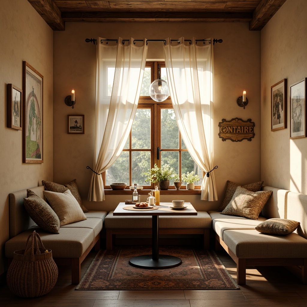 Prompt: Cozy breakfast nook, warm beige walls, rustic wooden tables, plush cushions, soft morning light, gentle warm glow, pendant lamps, candles, natural textiles, woven baskets, vintage metal signs, earthy color palette, warm wood accents, intimate seating area, layered window treatments, sheer curtains, subtle patterned rugs, soft focus photography, shallow depth of field, 1/2 composition.