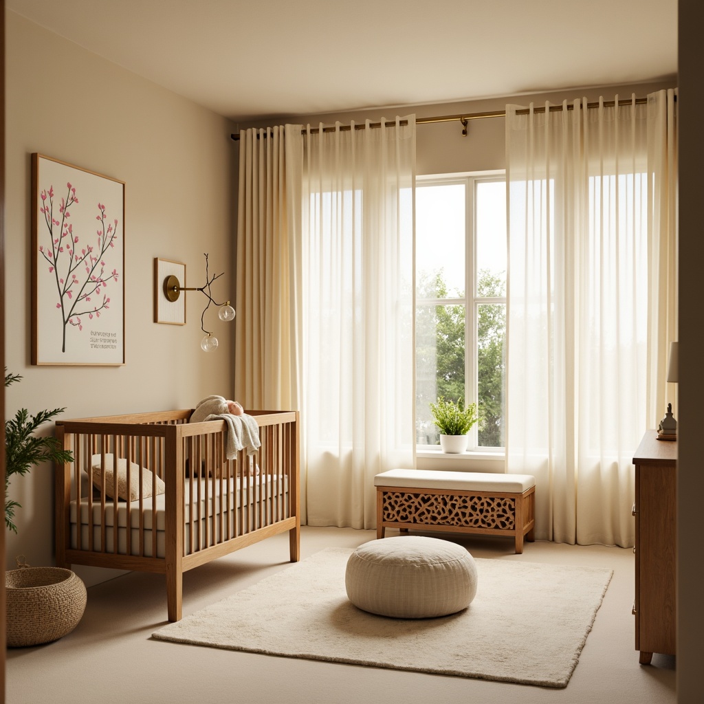 Prompt: Serenity-filled baby room, warm beige walls, soft cream carpet, minimalist Asian-inspired furniture, low-profile crib, intricately carved wooden changing table, plush toy storage ottoman, gentle curved lines, natural wood accents, subtle golden hardware, creamy white drapes, delicate cherry blossom patterns, soothing greenery, peaceful Buddha statue, calm ambient lighting, shallow depth of field, 1/2 composition, warm soft focus.