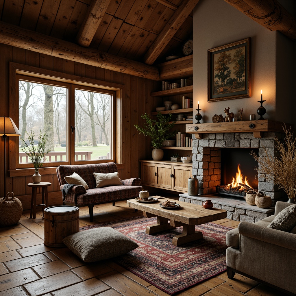 Prompt: Rustic cabin, wooden accents, natural textures, earthy color palette, vintage furniture pieces, distressed wood finishes, metal hardware, plush throw blankets, woven baskets, stone fireplace, warm candlelight, cozy atmosphere, 1/2 composition, soft focus, realistic wood grains, ambient lighting.