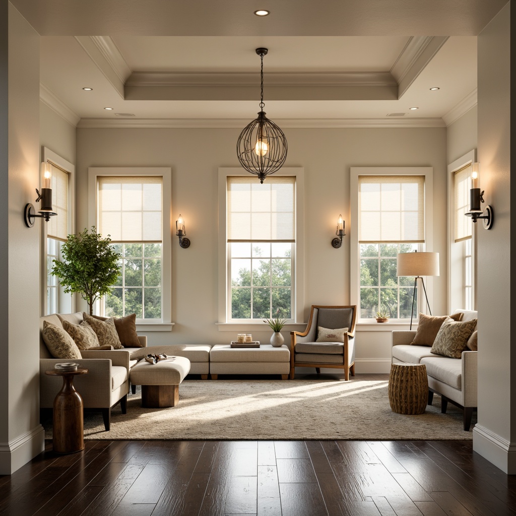 Prompt: Transitional interior, soft warm glow, layered lighting scheme, elegant chandeliers, sleek pendant lights, minimalist sconces, natural linen shades, brushed metal accents, creamy white walls, dark hardwood floors, plush area rugs, comfortable furnishings, relaxed atmosphere, morning sunlight, subtle shadows, 3/4 composition, realistic textures, ambient occlusion.