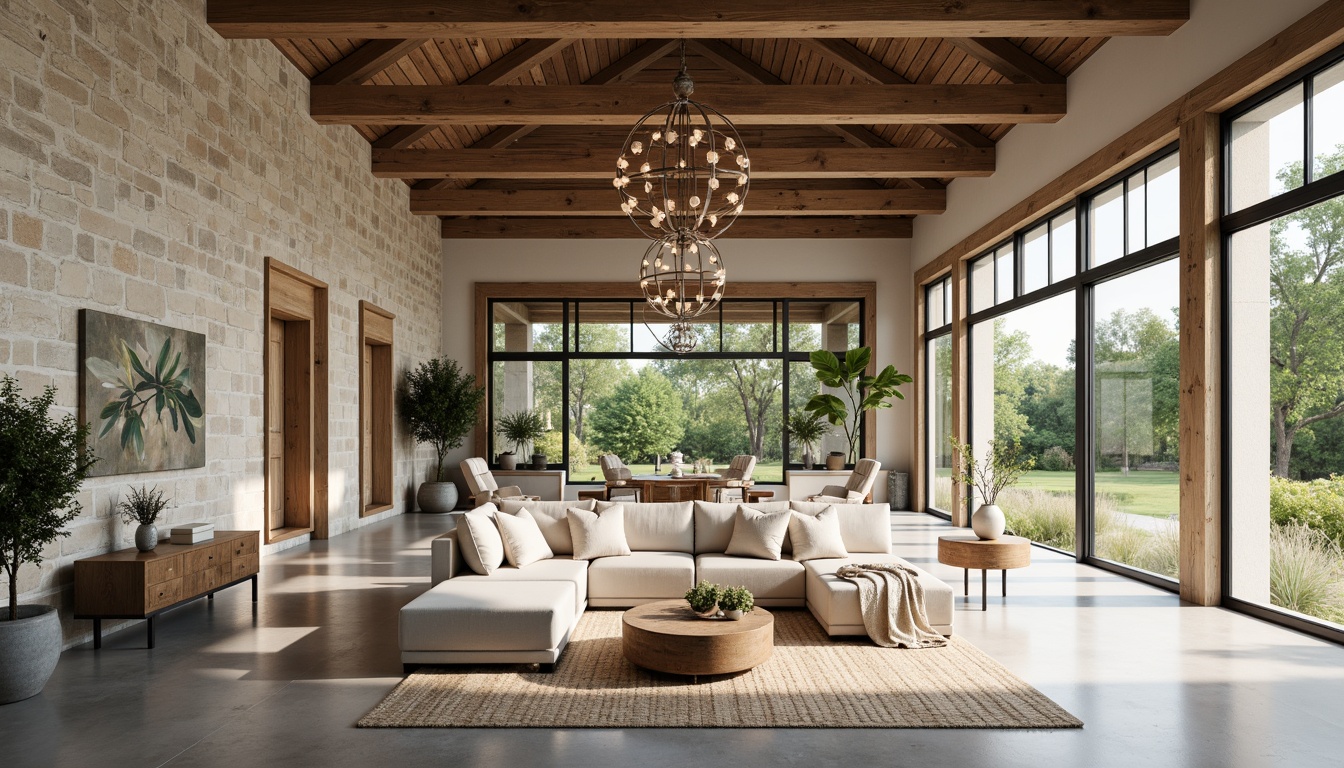 Prompt: Spacious open floor plan, high ceilings, rustic wooden beams, stone walls, large windows, natural light, airy atmosphere, country-style furniture, distressed finishes, soft pastel colors, elegant chandeliers, sophisticated textiles, refined accessories, lush greenery views, serene outdoor spaces, tranquil ambiance, warm soft lighting, shallow depth of field, 1/1 composition, panoramic view, realistic textures, ambient occlusion.