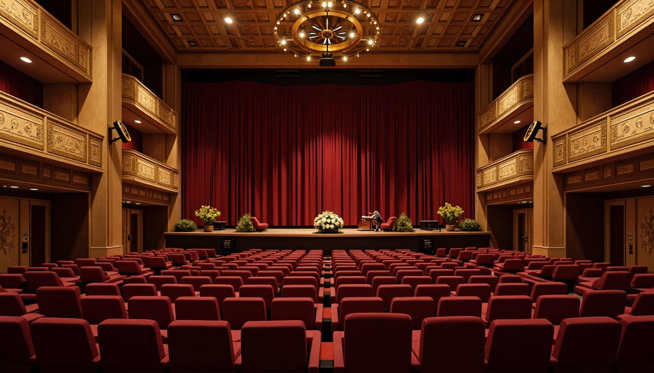 Prompt: Elegant theater interior, plush velvet seats, ornate golden details, subtle ambient lighting, acoustic panels, sound-absorbing materials, optimized speaker placement, crystal-clear sound quality, intimate performance setting, grand stage design, dramatic curtains, rich wood tones, warm color palette, comfortable audience seating, state-of-the-art audio equipment, precise sound calibration, 1/2 composition, shallow depth of field, soft focus, realistic textures.