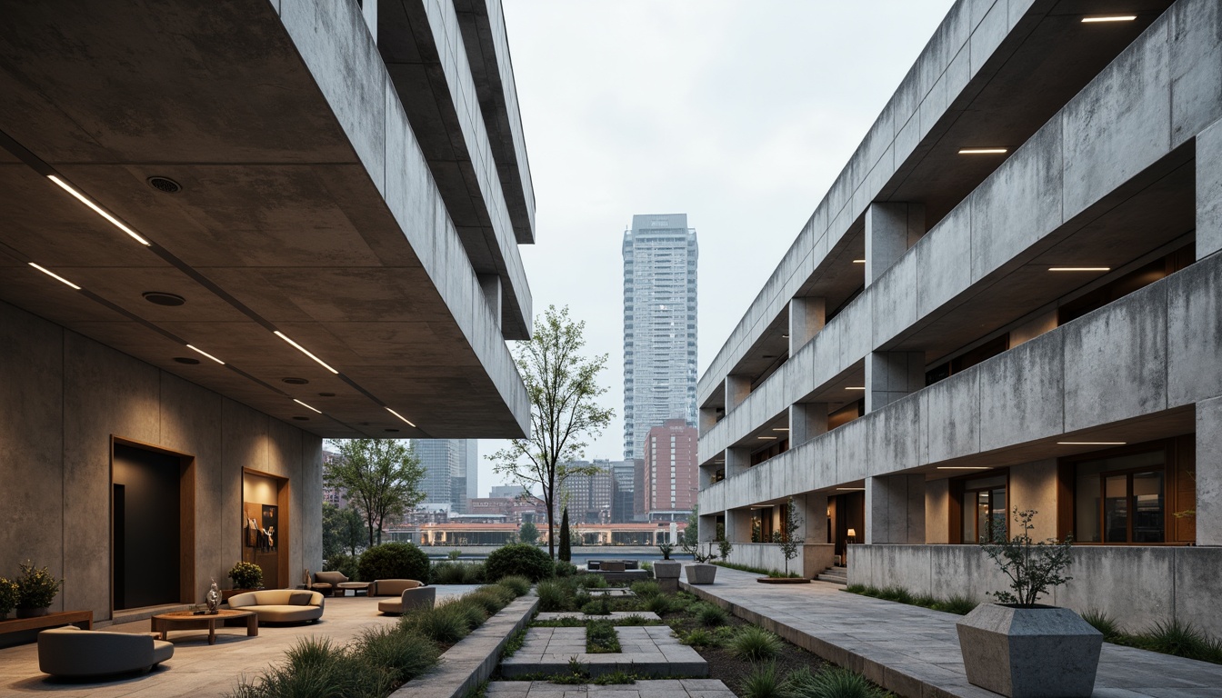 Prompt: Exposed concrete structures, rugged textures, brutalist architecture, open-air atriums, minimalist decor, industrial-style lighting, urban cityscape, overcast skies, dramatic shadows, strong geometric forms, raw metal accents, bold cantilevered elements, poured-in-place concrete walls, functional minimalism, abundant natural light, airy interior spaces, 3/4 composition, high-contrast photography, gritty realistic textures.