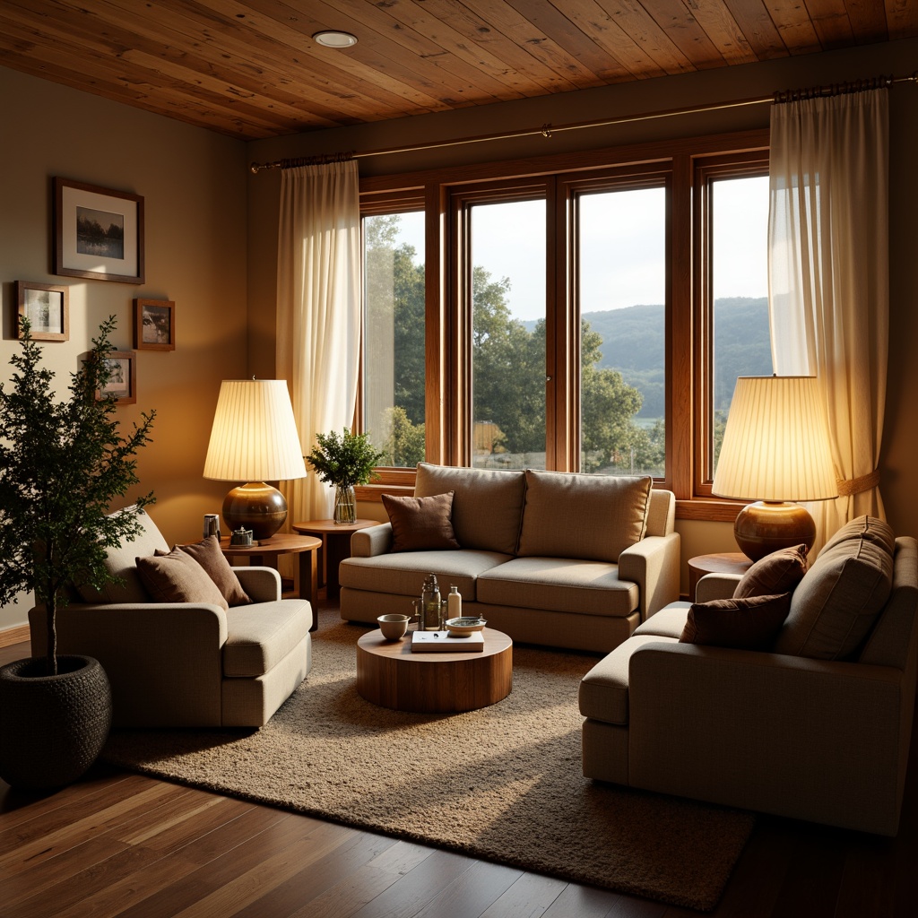 Prompt: Cozy living room, warm ambient lighting, table lamps, floor lamps, pendant lights, soft warm glow, creamy white shades, natural wood furniture, plush carpeting, comfortable seating areas, large windows, sheer curtains, daylight filtering, 1/1 composition, shallow depth of field, realistic textures, ambient occlusion.