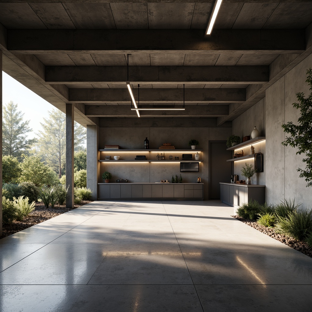 Prompt: Minimalist family garage, industrial metal beams, polished concrete floor, simple storage shelves, sleek metal cabinets, modern LED lighting, soft warm glow, subtle shadowing, 1/1 composition, shallow depth of field, realistic textures, ambient occlusion, afternoon sunlight, natural ventilation, sparse decorative elements, functional simplicity.