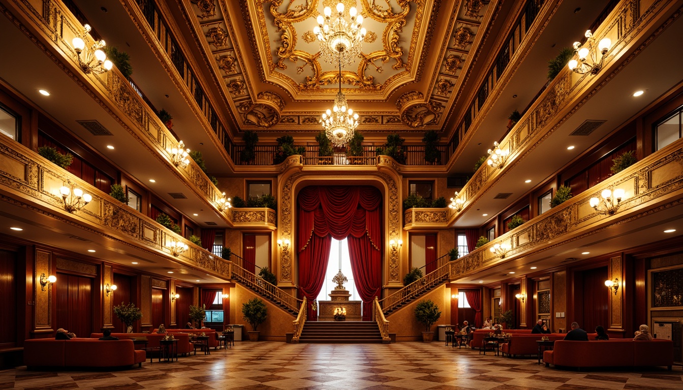 Prompt: Intricate Baroque ceiling ornaments, gilded moldings, ornate chandeliers, red velvet curtains, gold leaf accents, grand staircases, majestic opera house architecture, traditional European style, rich wood tones, polished marble floors, dramatic lighting, warm golden glow, shallow depth of field, 1/1 composition, symmetrical framing, vivid textures, ambient occlusion.