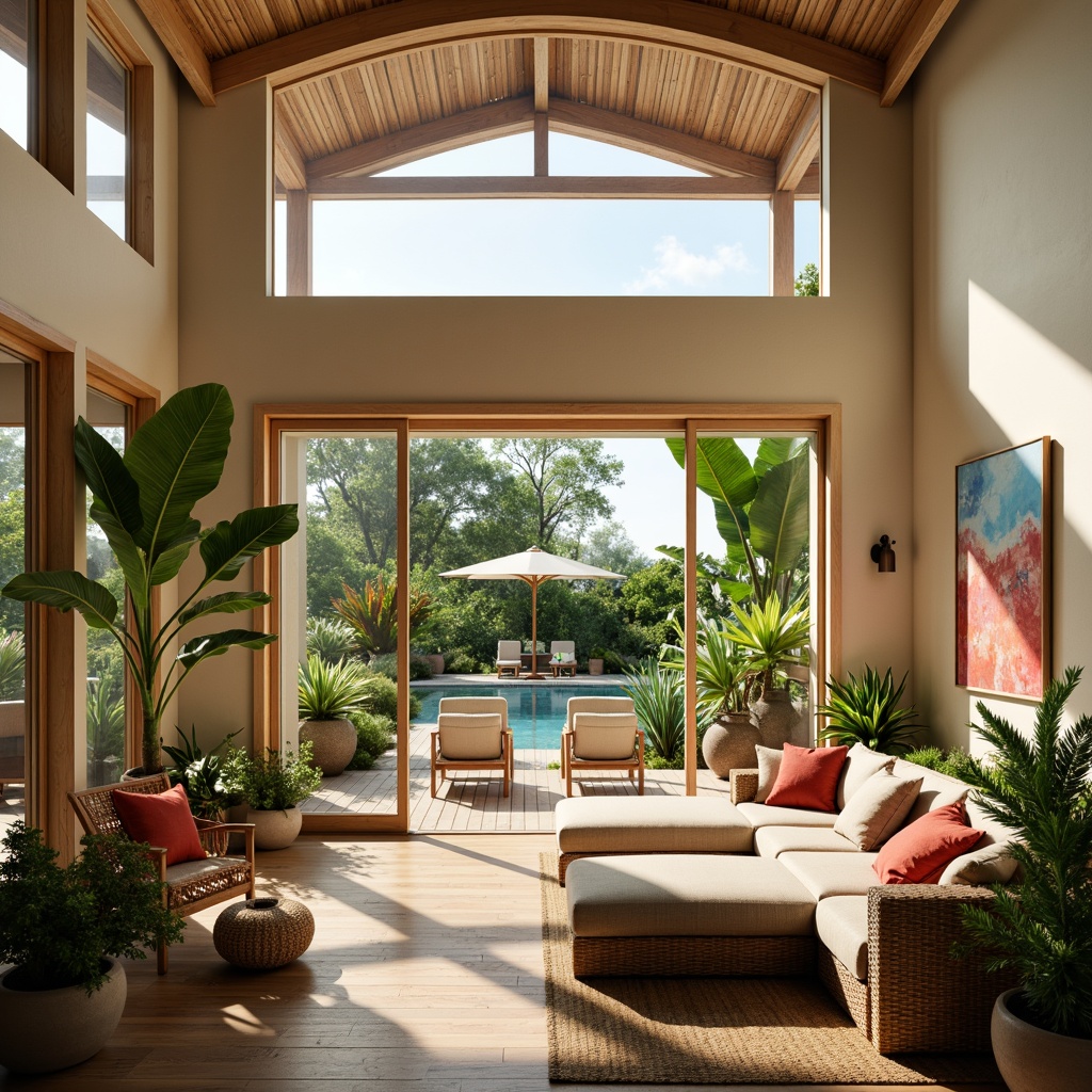 Prompt: Tropical great room, high ceilings, large windows, sliding glass doors, natural light pouring in, warm beige walls, creamy white trim, polished wooden floors, plush sectional sofa, vibrant greenery, exotic potted plants, rattan furniture, woven textiles, ocean-inspired artwork, soft coral hues, sunny day, gentle breeze, subtle shadows, shallow depth of field, 1/1 composition, realistic reflections.