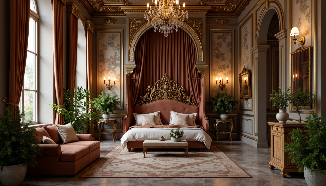 Prompt: Luxurious boudoir, ornate gold leafing, soft velvet fabrics, intricate wooden carvings, delicate porcelain vases, lush greenery, crystal chandeliers, marble floors, lavish drapery, rich tapestries, French Neoclassicism influences, opulent furnishings, warm candlelight, shallow depth of field, 1/2 composition, realistic textures, ambient occlusion.