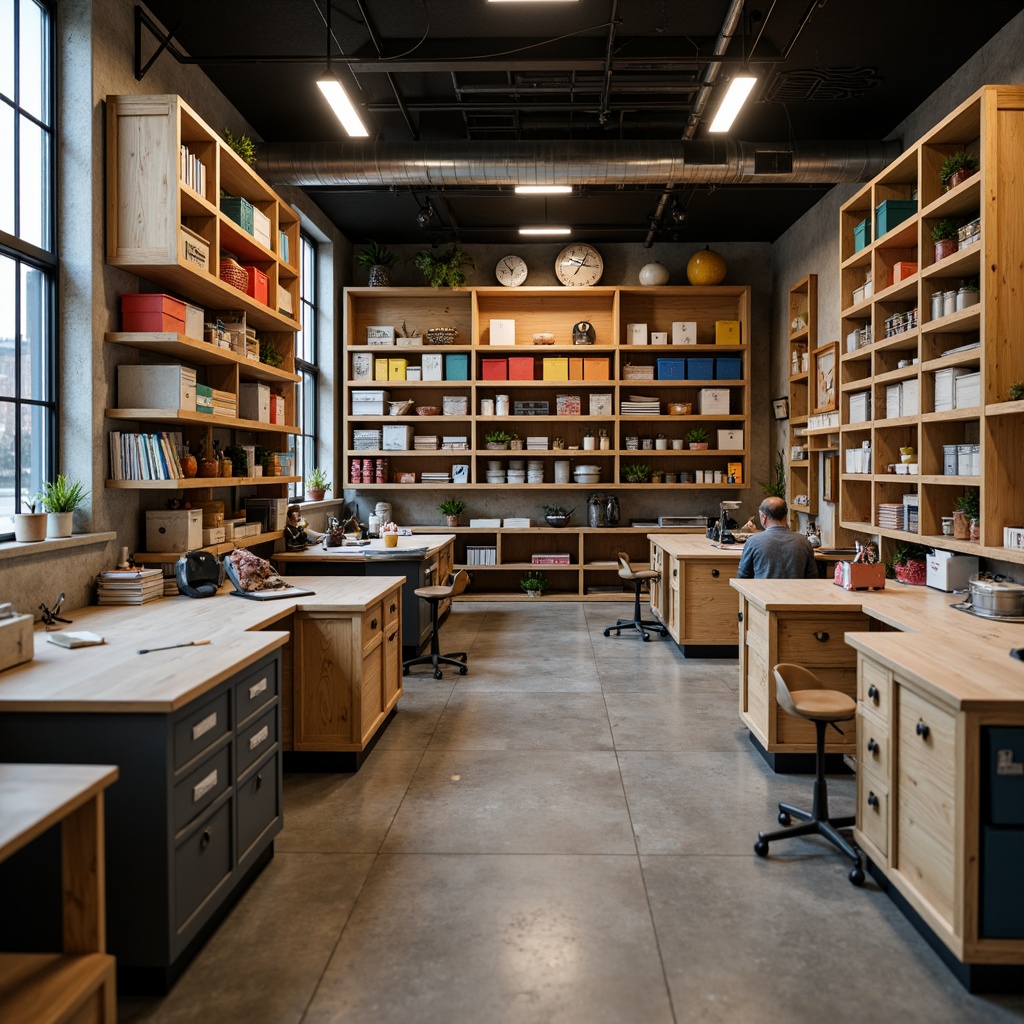 Prompt: Modern crafting workshop, organized storage units, wooden shelves, rustic metal cabinets, vibrant colored bins, labeled drawers, ergonomic workstations, natural wood accents, industrial lighting fixtures, urban loft atmosphere, shallow depth of field, 1/1 composition, realistic textures, ambient occlusion.