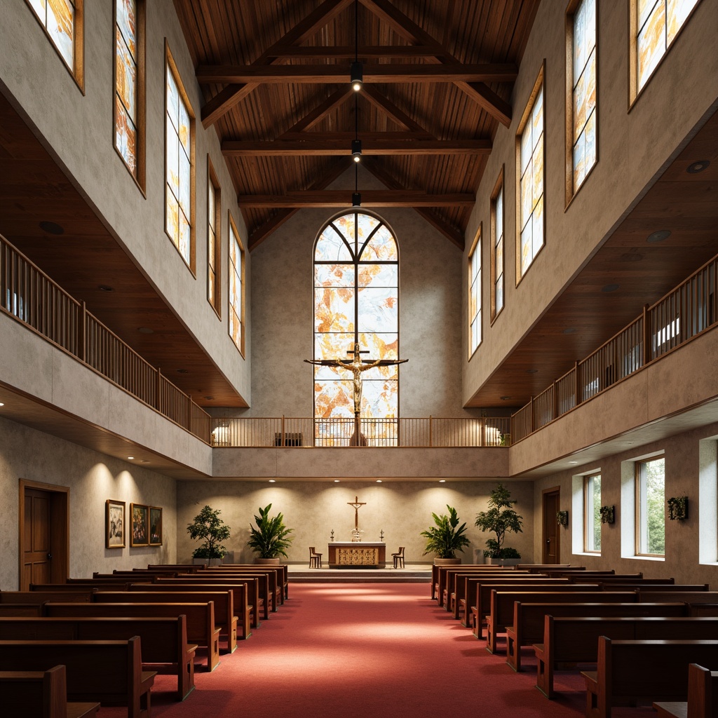 Prompt: Modern church interior, sleek wooden accents, minimalist crucifix, abstract stained glass windows, neutral color palette, textured concrete walls, industrial metal beams, LED ambient lighting, dramatic spotlights, shallow depth of field, 1/1 composition, warm earthy tones, natural stone flooring, plush red carpets, elegant pews, ornate altarpieces, subtle patterns, geometric shapes, luxurious fabrics, metallic accents, abstract murals.