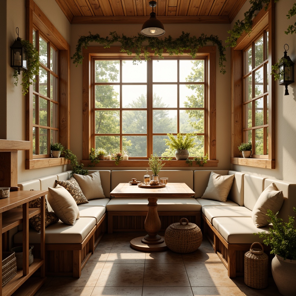 Prompt: Warm breakfast nook, soft golden lighting, rustic wooden accents, creamy white countertops, plush cushions, woven baskets, vintage metal lanterns, warm beige walls, cozy corner benches, natural stone flooring, greenery-adorned windows, gentle morning sunlight, warm ambient glow, soft shadows, 1/1 composition, intimate atmosphere, realistic textures.