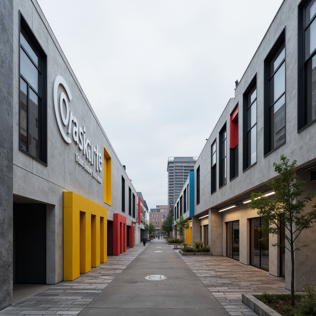 Prompt: Minimalist buildings, rectangular forms, clean lines, primary color accents, bold typography, functional simplicity, industrial materials, exposed ductwork, steel beams, concrete floors, geometric patterns, chevron motifs, triangular compositions, circular decorations, rectangular windows, flat roofs, urban landscapes, overcast skies, dramatic shadows, high contrast lighting, 3/4 composition, architectural photography, graphic textures, atmospheric fog.