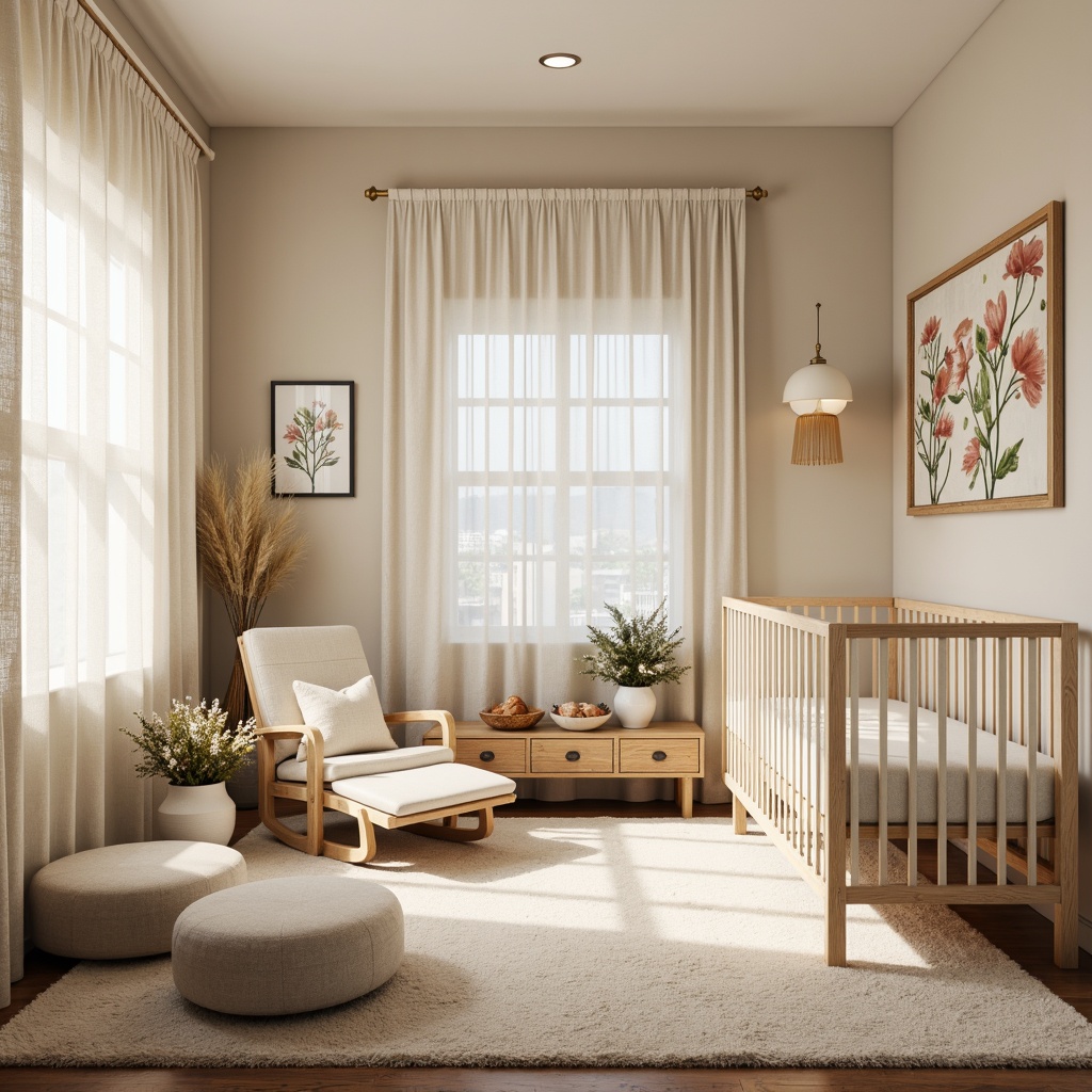 Prompt: Cozy nursery, plush carpets, soft pastel colors, gentle lighting, warm beige walls, comfortable gliders, oversized ottomans, creamy white cribs, delicate lace curtains, natural wood accents, calming botanical prints, soothing fabrics, velvety textures, breathable materials, hypoallergenic properties, serene ambiance, shallow depth of field, 1/1 composition, softbox lighting, realistic rendering.