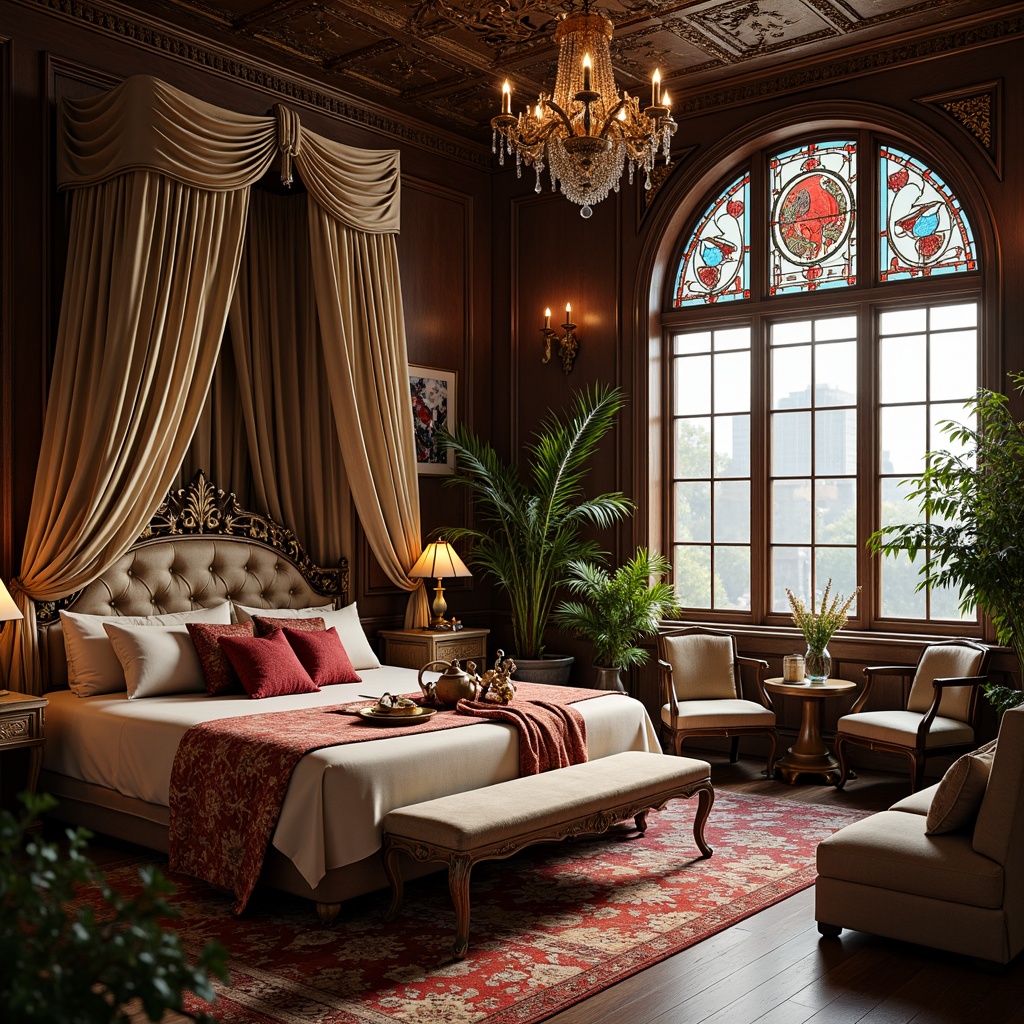 Prompt: Opulent boudoir, lavish furnishings, sinuous lines, flowing curves, ornate metalwork, stained glass windows, intricate wooden carvings, velvet drapes, luxurious fabrics, beaded chandeliers, gilded accents, floral patterns, organic shapes, whimsical illustrations, soft warm lighting, shallow depth of field, 1/1 composition, realistic textures, ambient occlusion.