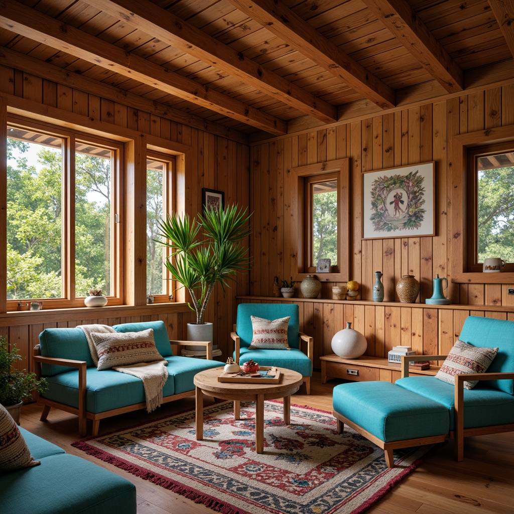 Prompt: Rustic wooden accents, warm earthy tones, natural wood textures, Southwestern-inspired design, cozy living room, plush furnishings, vibrant turquoise hues, woven textiles, geometric patterns, traditional Native American motifs, soft warm lighting, intimate atmosphere, shallow depth of field, 1/1 composition, realistic rendering.