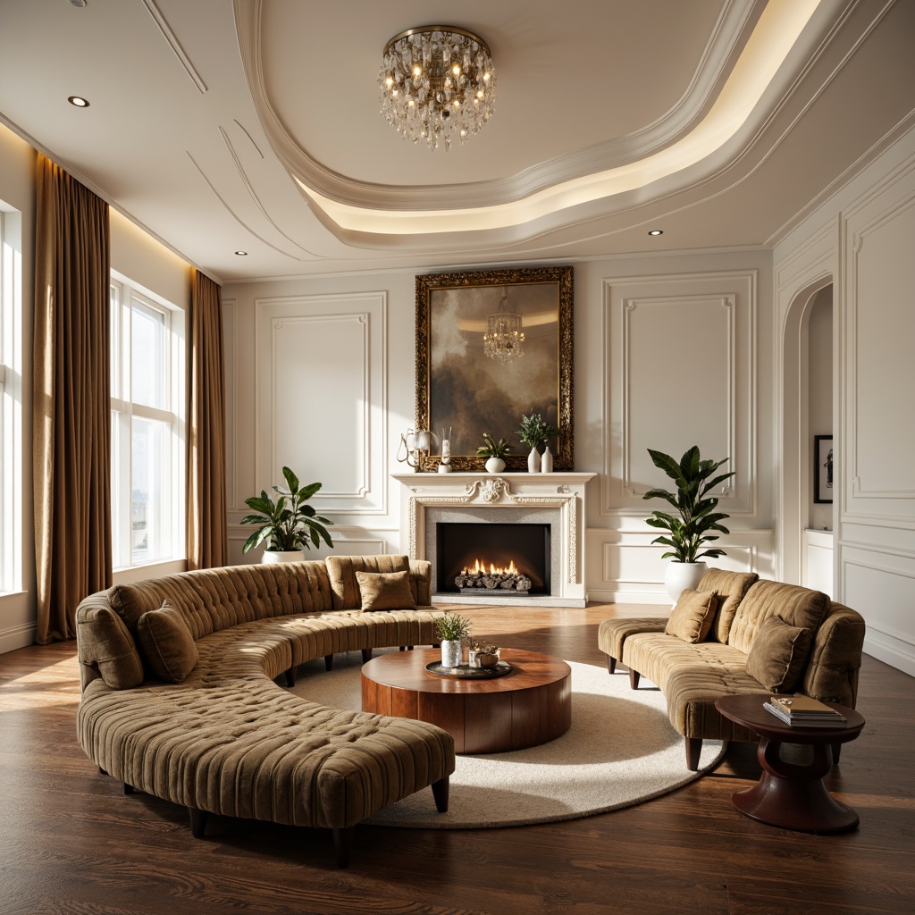 Prompt: Luxurious living room, opulent velvet sofas, polished wooden coffee tables, ornate metal frames, crystal chandeliers, soft silk drapes, majestic marble fireplaces, rich walnut flooring, elegant curved lines, sophisticated minimalist decor, creamy white walls, warm golden lighting, shallow depth of field, 1/1 composition, realistic textures, ambient occlusion.