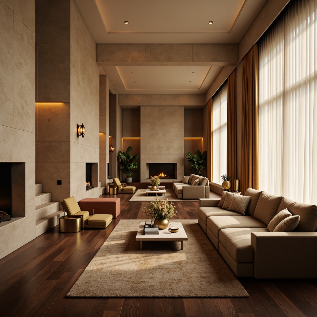 Prompt: Richly textured interior, warm beige walls, dark wood flooring, plush velvet sofas, metallic gold accents, soft cream curtains, natural stone fireplaces, cozy reading nooks, ambient warm lighting, shallow depth of field, 1/1 composition, realistic textures, soft focus effect, inviting atmosphere, modern minimalist decor, elegant simplicity, sophisticated color harmony.