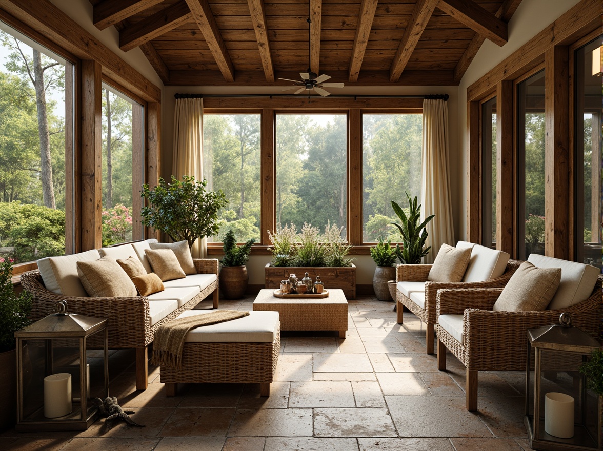 Prompt: Rustic sunroom interior, reclaimed wood accents, distressed wooden beams, earthy color palette, natural stone flooring, woven wicker furniture, plush throw pillows, vintage metal lanterns, potted greenery, soft warm lighting, shallow depth of field, 1/1 composition, realistic textures, ambient occlusion.