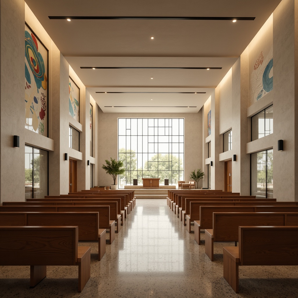 Prompt: Minimalist church interior, modern worship space, sleek wooden pews, neutral color palette, subtle lighting accents, polished concrete floors, abstract stained glass windows, geometric patterns, contemporary Christian art pieces, acoustic sound systems, comfortable cushioned chairs, warm beige carpeting, simplistic altarpieces, natural stone walls, gentle LED ambient lighting, shallow depth of field, 1/2 composition, realistic textures, soft focus effect.