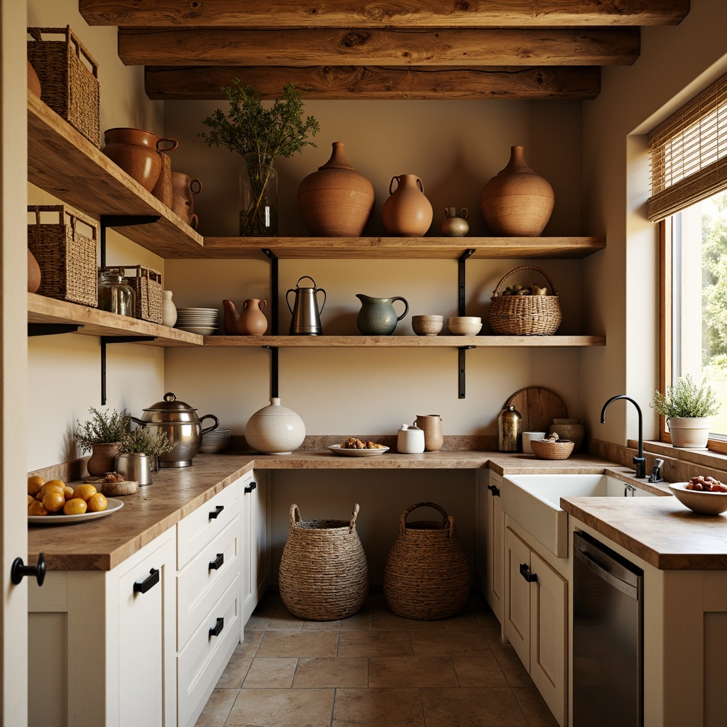 Prompt: Rustic pantry, warm beige walls, distressed wood shelving, vintage metal fixtures, earthy terracotta pots, woven wicker baskets, soft golden lighting, warm neutral tones, creamy whites, rich walnut accents, natural stone countertops, farmhouse style, cozy ambiance, still life composition, shallow depth of field, 2/3 rule composition.