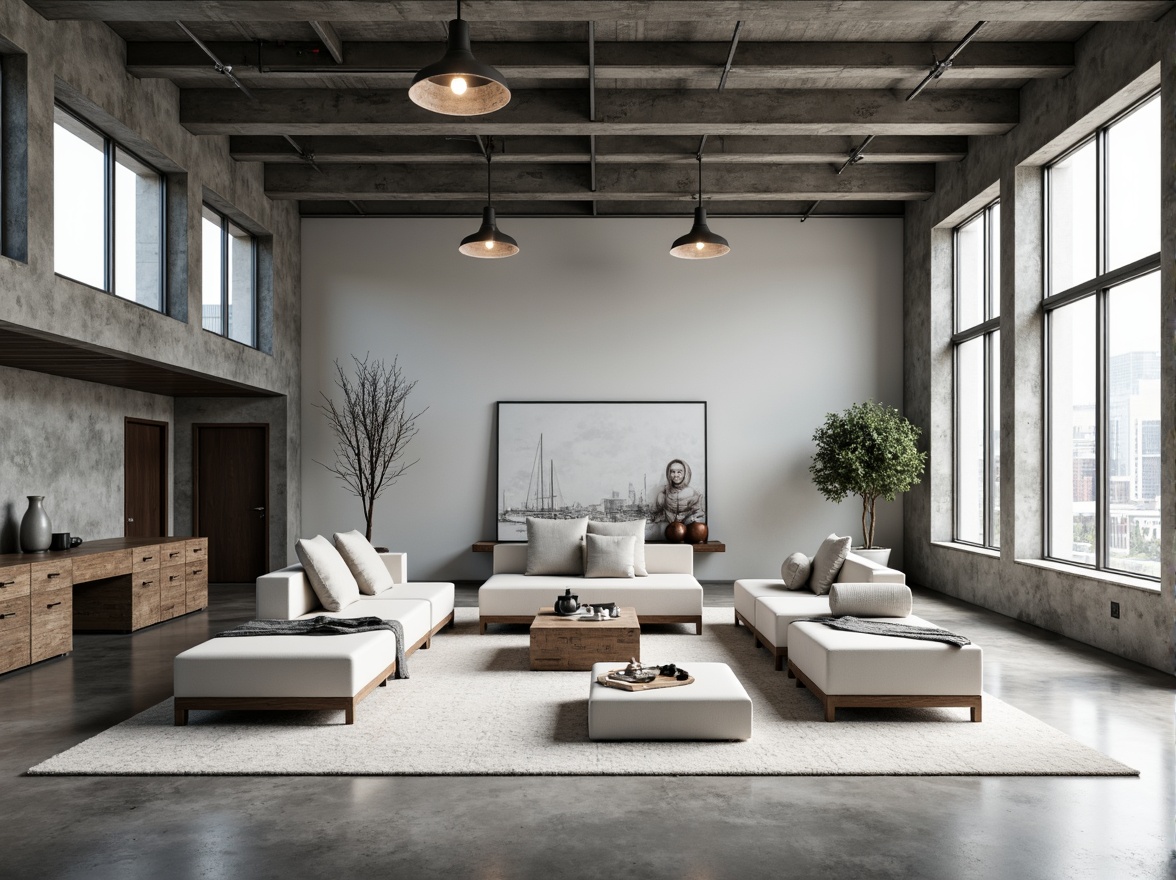 Prompt: Industrial chic interior, open floor plan, minimal ornamentation, functional simplicity, rectangular shapes, clean lines, monochromatic color scheme, steel beams, polished concrete floors, large windows, abundant natural light, sparse furniture, low-profile sofas, geometric coffee tables, industrial lighting fixtures, urban loft atmosphere, neutral tone palette, airy spaciousness, 1/1 composition, softbox lighting, subtle shadows, realistic materials.