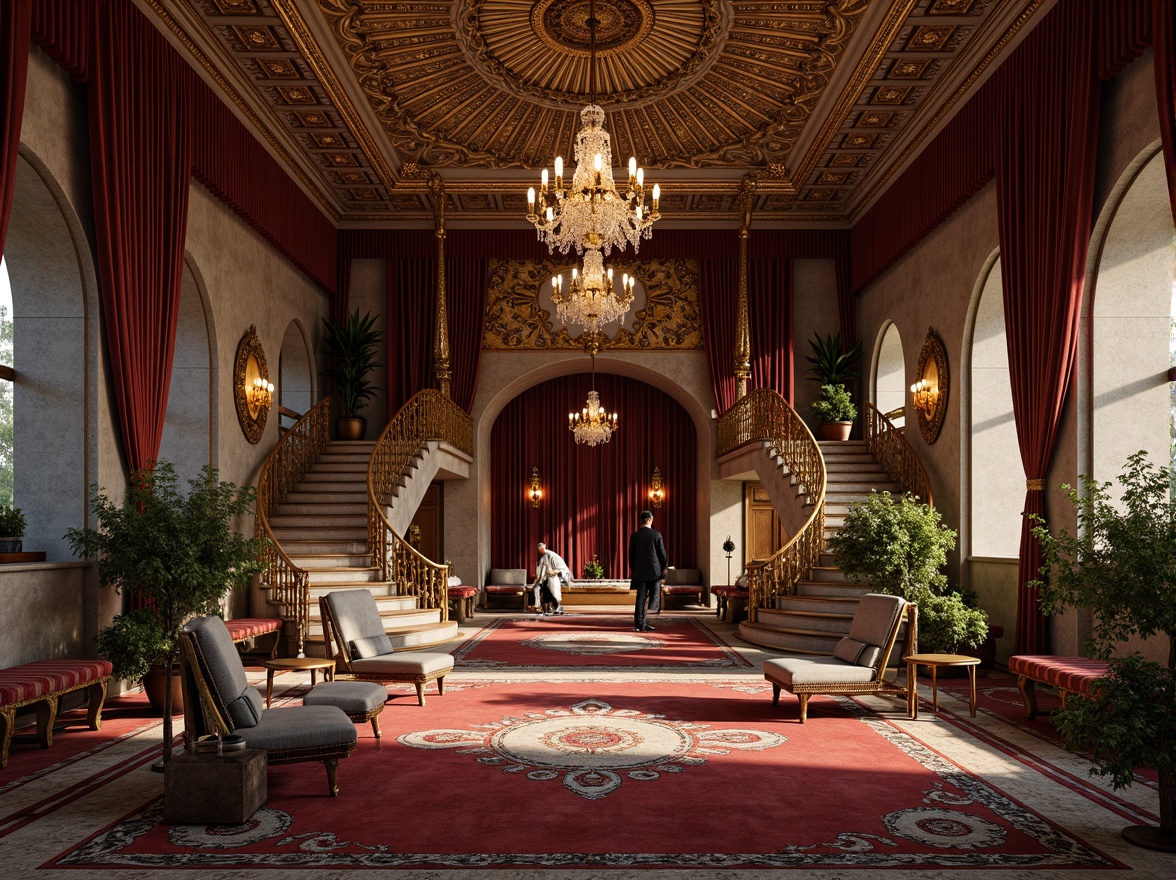 Prompt: Ornate palaces, intricately carved stone walls, gilded decorations, velvet drapes, ornamental furnishings, curved lines, sweeping arches, grand staircases, opulent chandeliers, richly patterned rugs, luxurious fabrics, golden accents, dramatic lighting, intense shadows, high-contrast colors, highly detailed textures, realistic materiality, subtle specularity.