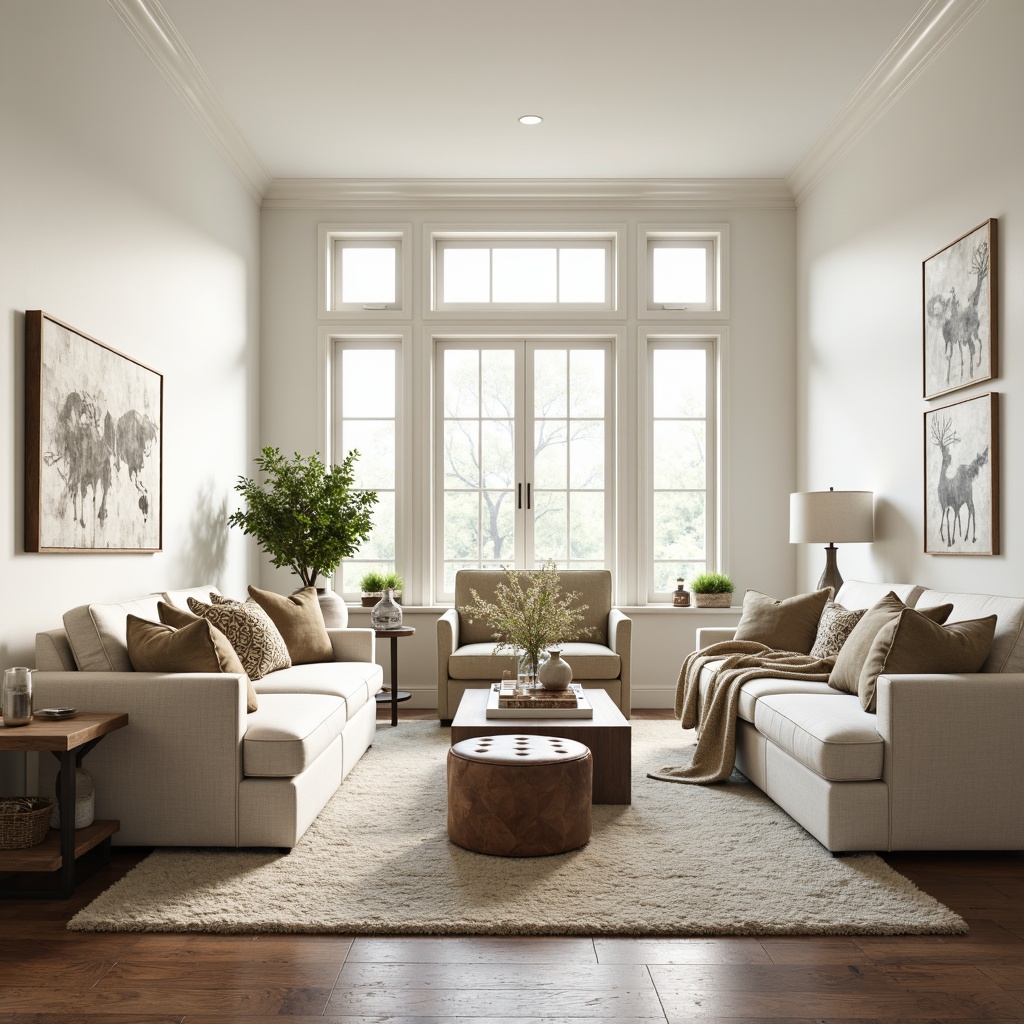 Prompt: Transitional living room, neutral color palette, creamy whites, warm beiges, rich woods, comfortable sofas, accent chairs, tufted ottomans, wooden coffee tables, metal floor lamps, minimalist decor, subtle patterns, natural textiles, plush area rugs, large windows, soft diffused lighting, 1/1 composition, cozy atmosphere, inviting ambiance.