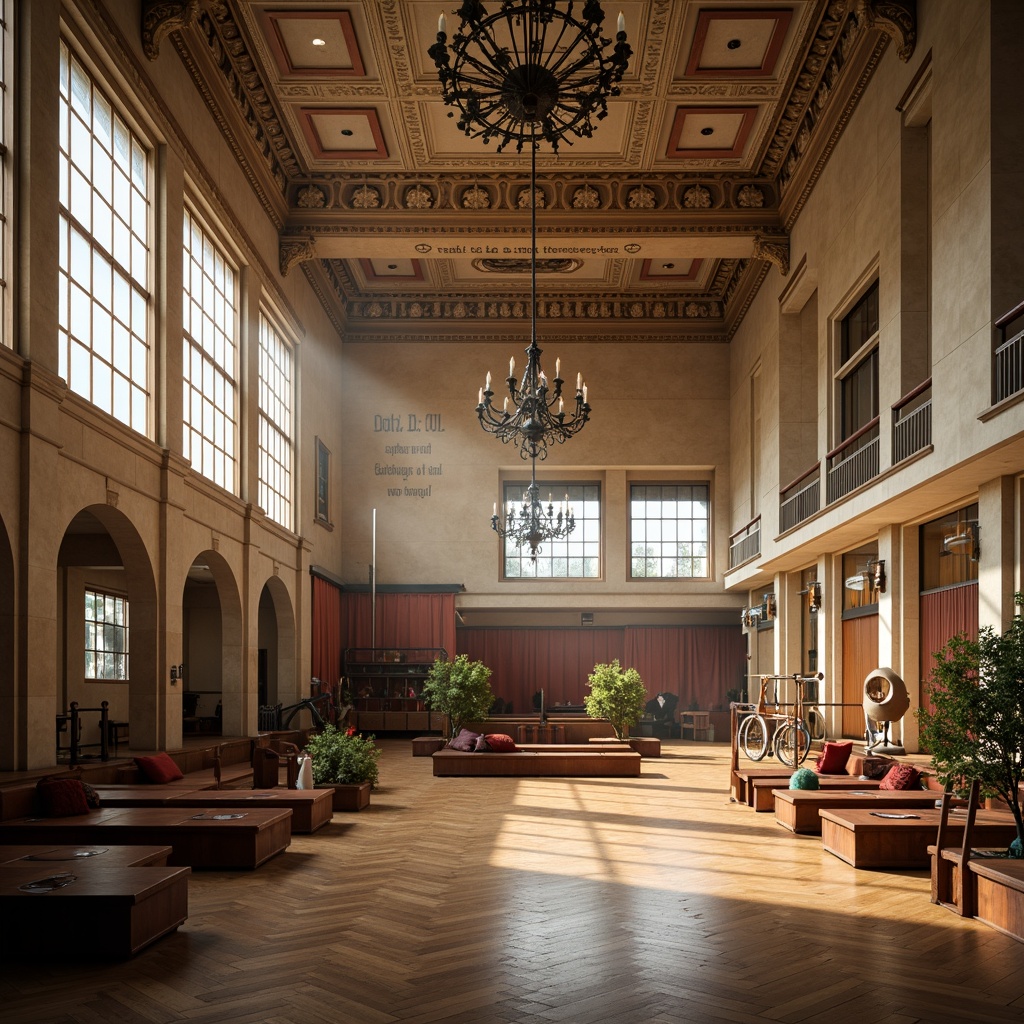 Prompt: Grand gymnasium interior, neoclassical architecture style, high ceilings, ornate moldings, large windows, natural light, polished hardwood floors, wooden benches, vintage athletic equipment, antique trophies, motivational quotes, elegant chandeliers, soft warm lighting, shallow depth of field, 1/2 composition, symmetrical framing, realistic textures, ambient occlusion, classical columns, arched doorways, intricate carvings, luxurious fabrics, subtle color palette.