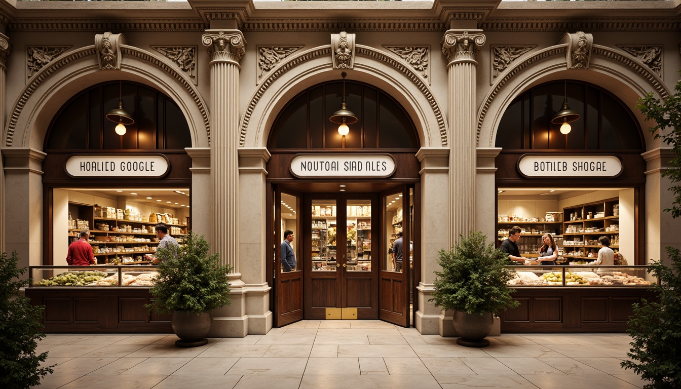 Prompt: Ornate grocery store facade, grandiose entrance archways, fluted Corinthian columns, intricate moldings, ornamental cornices, decorative pilasters, classical pediments, high ceilings, elegant chandeliers, marble flooring, polished wooden shelves, vintage-style signage, rustic metal lanterns, soft warm lighting, shallow depth of field, 1/2 composition, symmetrical framing, realistic textures, ambient occlusion.