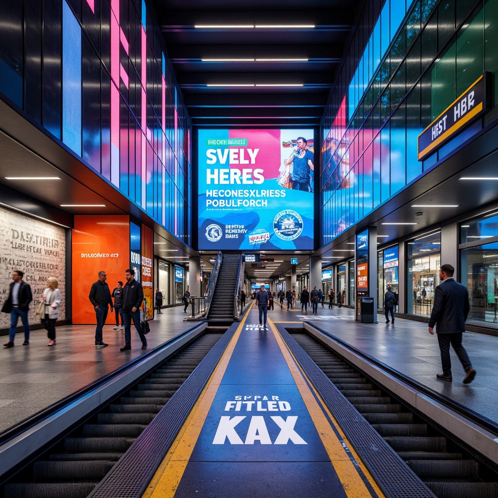 Prompt: Vibrant metro station, modern architecture, bright color accents, bold typography, sleek metal handrails, LED lighting, polished granite floors, futuristic escalators, dynamic signage, urban landscape, rush hour atmosphere, softbox lighting, 3/4 composition, shallow depth of field, panoramic view, realistic textures, ambient occlusion.