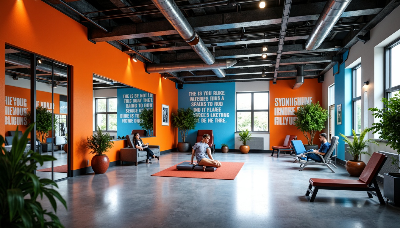 Prompt: Vibrant fitness studio, bold color blocking, energetic orange accents, calming blue undertones, motivational quotes, industrial metal beams, polished concrete floors, mirrored walls, state-of-the-art exercise equipment, plush greenery, natural light pouring in, large windows, refreshing ventilation systems, dynamic lighting effects, 3/4 composition, shallow depth of field, realistic textures.