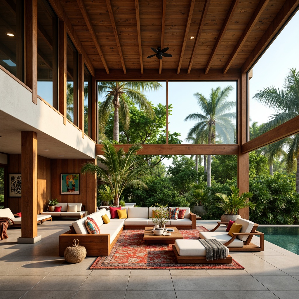 Prompt: Tropical villa, open-plan living area, high ceilings, floor-to-ceiling windows, sliding glass doors, lush greenery, palm trees, natural stone floors, wooden accents, rattan furniture, vibrant colorful textiles, abstract art pieces, modern minimalist decor, soft warm lighting, shallow depth of field, 1/1 composition, panoramic view, realistic textures, ambient occlusion.