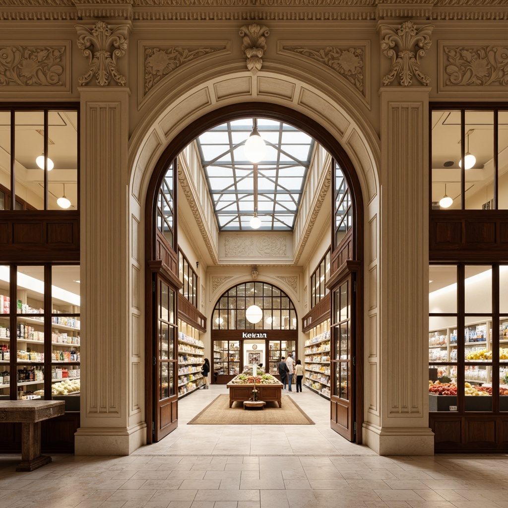 Prompt: Elegant grocery store, grand entrance, ornate columns, symmetrical facade, cream-colored stone walls, decorative arches, rustic wooden doors, large glass windows, intricate moldings, neoclassical ornaments, subtle warm lighting, high ceilings, spacious interior, polished marble floors, refined shelving systems, vintage-style signage, abundant natural light, 1/1 composition, realistic textures, ambient occlusion.