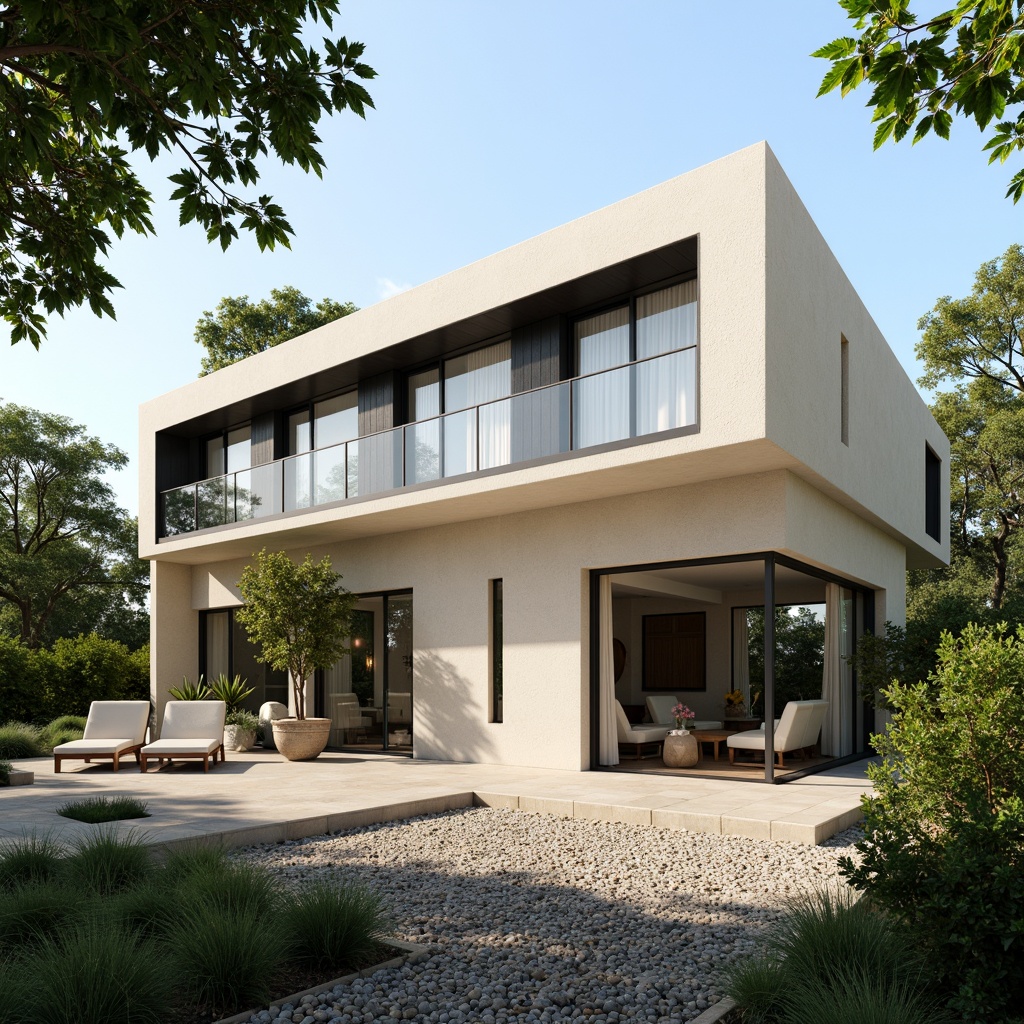 Prompt: Modern villa exterior, sleek lines, minimalist facade, large windows, sliding glass doors, warm neutral tones, creamy whites, soft grays, beige stucco walls, accentuated with deep charcoal trim, lush greenery surroundings, tropical plants, sunny day, natural stone pathways, pebble courtyard, 1/1 composition, shallow depth of field, realistic textures, ambient occlusion.