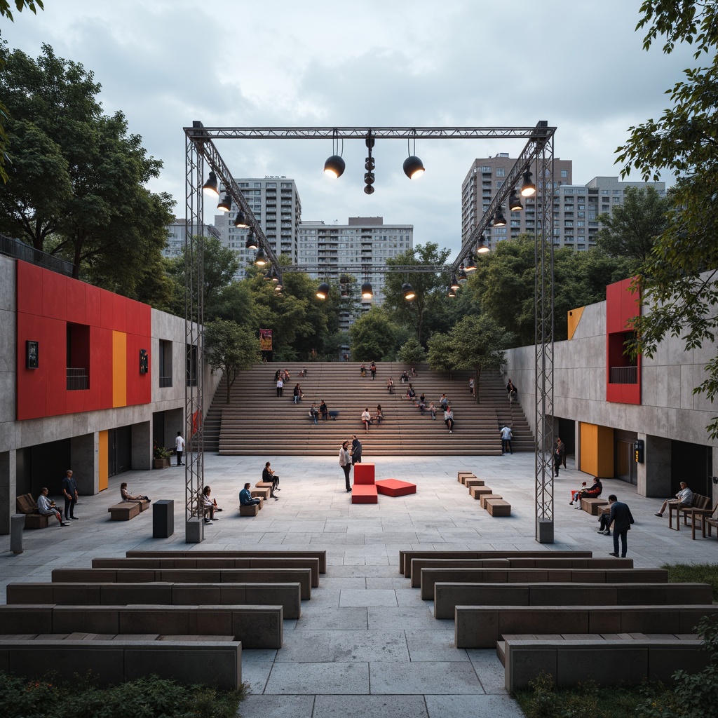 Prompt: Bauhaus-style amphitheater, industrial concrete seating, minimalist metal railings, geometric-shaped stage, abstract sculptural elements, bold primary color accents, overhead spotlights, suspended spherical lamps, cantilevered lighting fixtures, asymmetrical compositions, stark shadows, dramatic high-contrast lighting, avant-garde performances, experimental art installations, brutalist architecture, urban cityscape backdrop, cloudy daytime atmosphere, soft diffuse light, 1/2 composition, realistic textures, ambient occlusion.