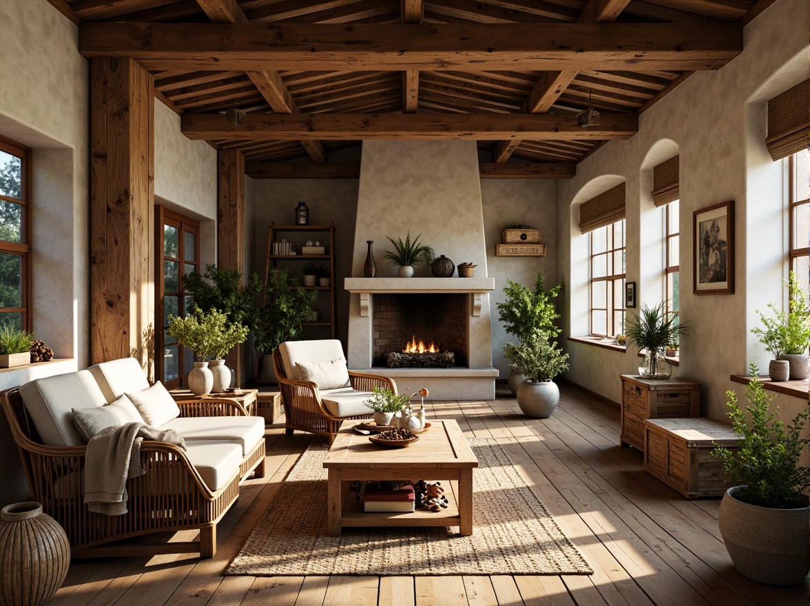 Prompt: Rustic farmhouse interior, reclaimed wooden beams, natural stone walls, earthy color palette, woven wicker furniture, jute rugs, pinecone decorations, vintage farm tools, distressed metal accents, soft warm lighting, cozy throw blankets, lush greenery, potted plants, wooden crates, linen upholstery, organic textures, 1/1 composition, shallow depth of field, warm color grading.