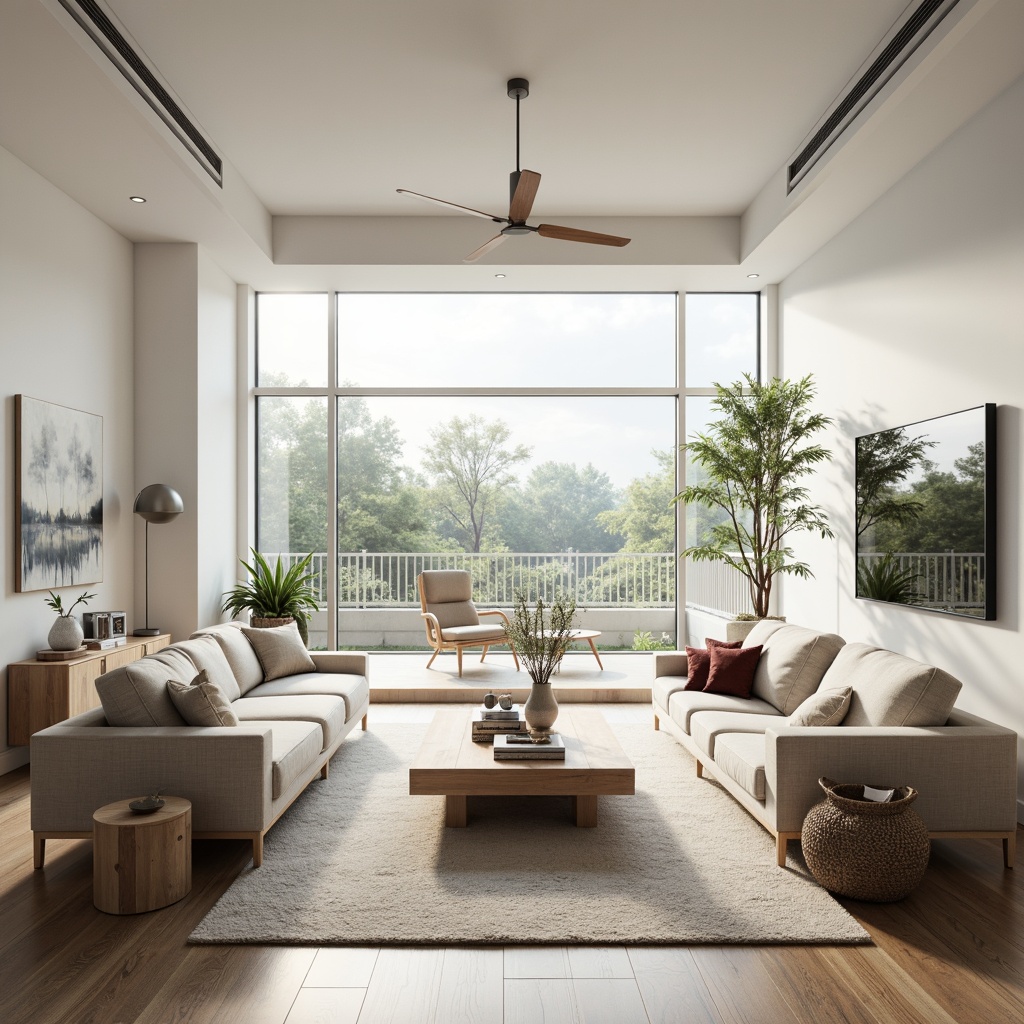 Prompt: Harmonious living room, minimalist decor, sleek furniture, spacious floor plan, large windows, natural light, airy atmosphere, subtle color palette, comfortable seating area, modern coffee table, decorative vase, greenery plants, soft carpet flooring, warm ambient lighting, shallow depth of field, 3/4 composition, symmetrical balance, visual flow guidance, clear negative space, functional zones, efficient traffic path.