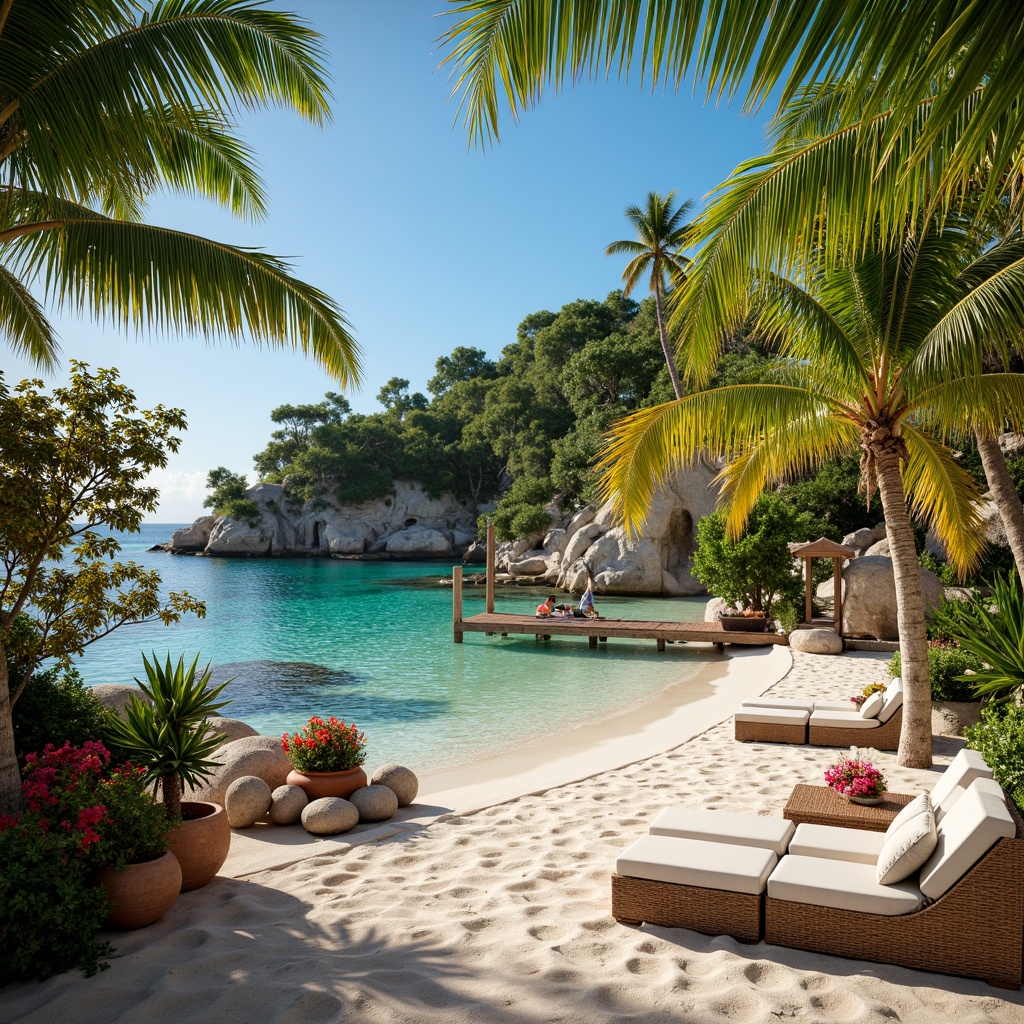 Prompt: Vibrant tropical island, lush green palms, exotic floral arrangements, warm sandy beaches, crystal-clear turquoise water, colorful coral reefs, rustic wooden docks, woven rattan furniture, natural fiber textiles, earthy terracotta pots, bright sunny day, soft warm lighting, shallow depth of field, 3/4 composition, panoramic view, realistic textures, ambient occlusion.