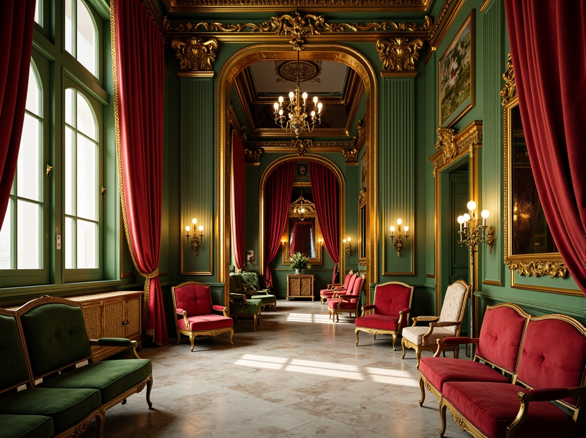 Prompt: Richly ornamented Baroque interior, lavish gold accents, intricate carvings, velvety smooth fabrics, jewel-toned color scheme, emerald green walls, ruby red velvet drapes, golden yellow ornate mirrors, creamy white marble floors, soft warm candlelight, dramatic chiaroscuro, highly detailed textures, ornate furniture, luxurious upholstery, regal atmosphere, 1/1 composition, shallow depth of field.