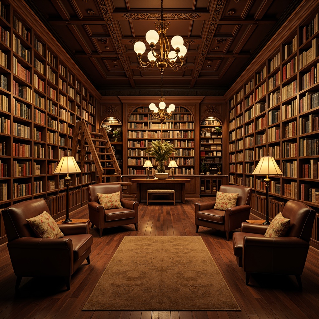 Prompt: Cozy traditional bookstore, rich wood tones, ornate shelving units, classic novels, leather-bound tomes, vintage reading lamps, plush armchairs, warm golden lighting, rustic wooden floors, decorative ceiling moldings, grandiose chandeliers, floor-to-ceiling bookshelves, ladder access, soft warm color palette, inviting atmosphere, comfortable reading nooks, subtle background music, 1/1 composition, shallow depth of field, realistic textures, ambient occlusion.