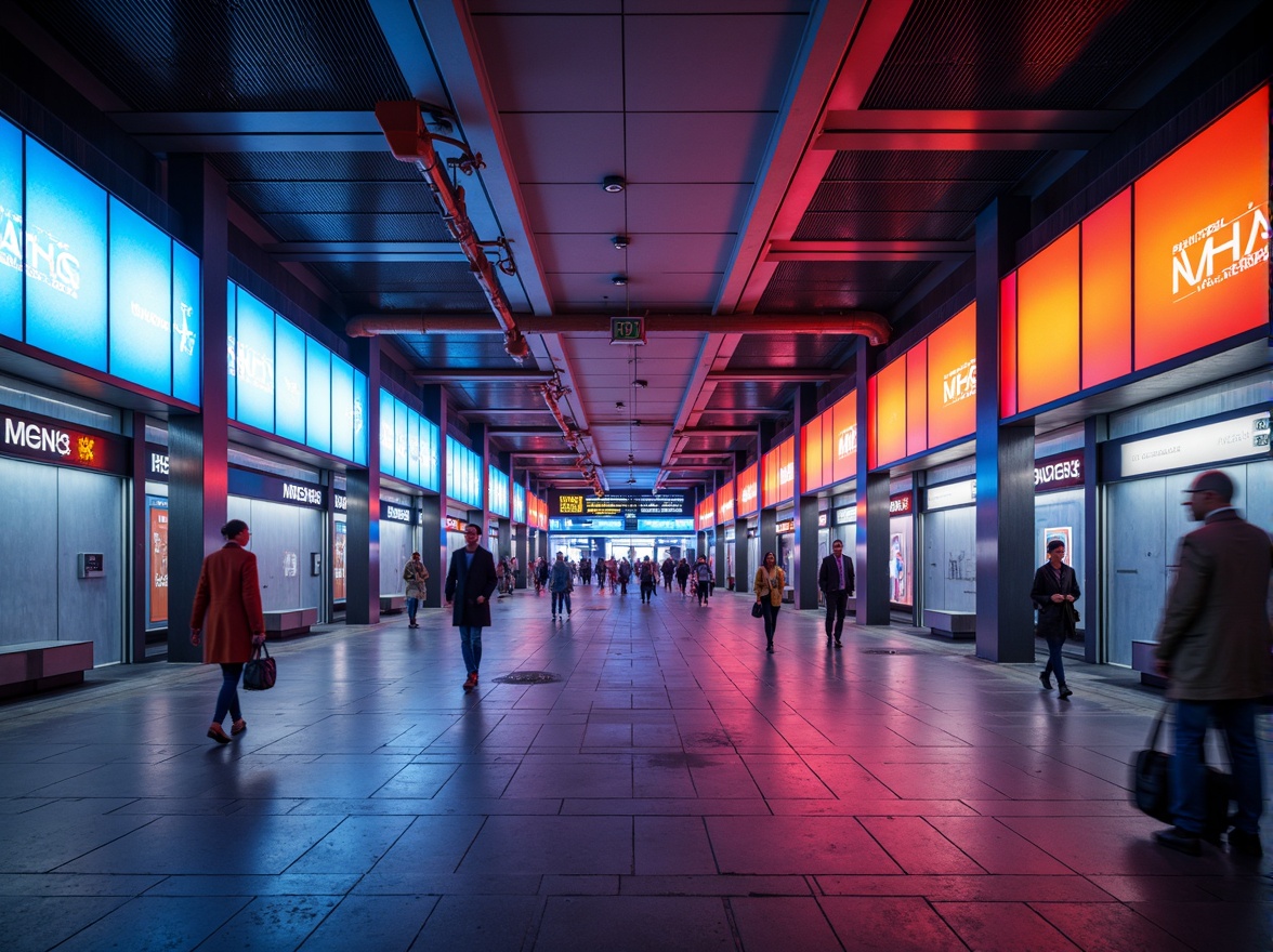 Prompt: Vibrant metro station, futuristic architecture, bold color accents, neon lights, sleek metal columns, polished concrete floors, modern signage systems, dynamic LED displays, urban cityscape, morning rush hour, soft warm lighting, shallow depth of field, 3/4 composition, panoramic view, realistic textures, ambient occlusion.