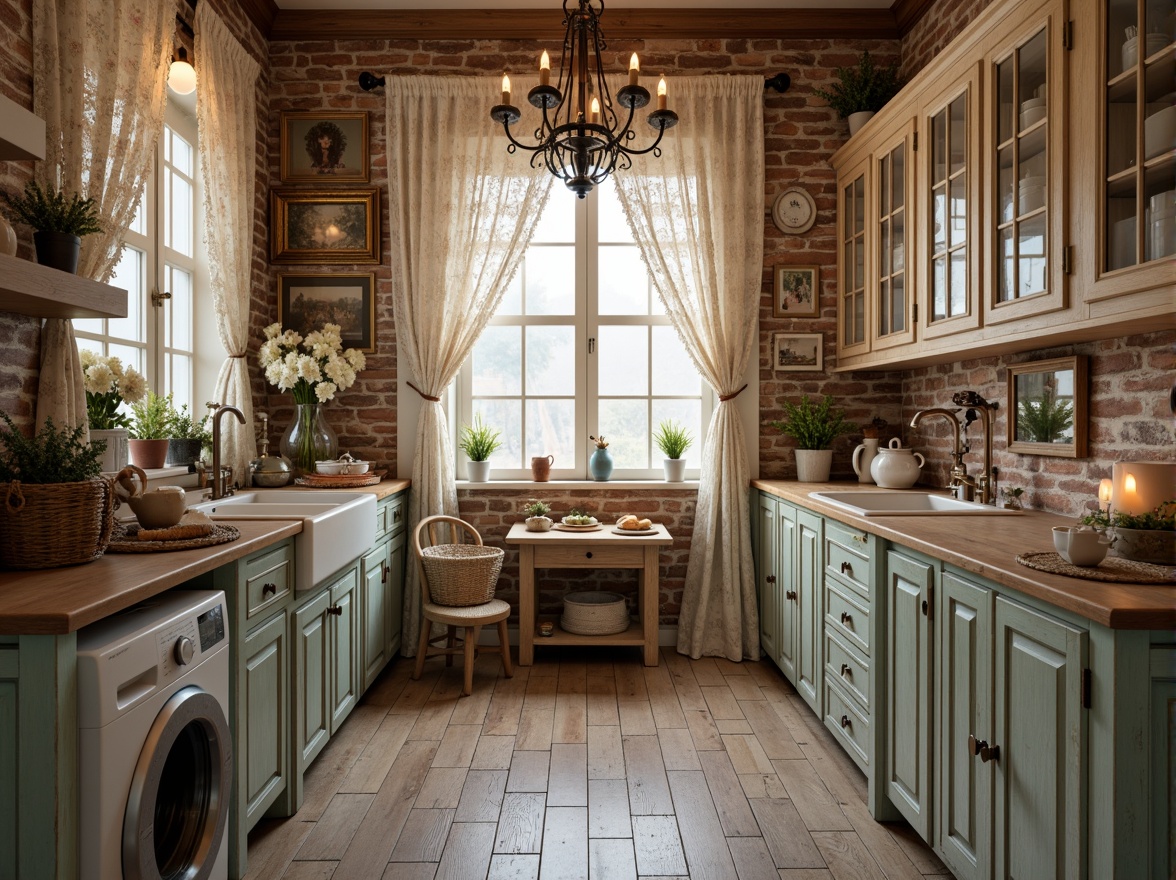 Prompt: Distressed wooden cabinets, vintage metal hardware, soft pastel colors, lace curtains, floral patterns, ornate mirrors, rustic stone walls, distressed brick floors, warm candlelight, cozy atmosphere, feminine accents, elegant chandeliers, porcelain vases, linen fabrics, delicate lace trim, weathered wood shelves, antique washing machines, ornate picture frames, shabby-chic decorative items, soft focus, warm color tones, natural textures, 3/4 composition, intimate setting.