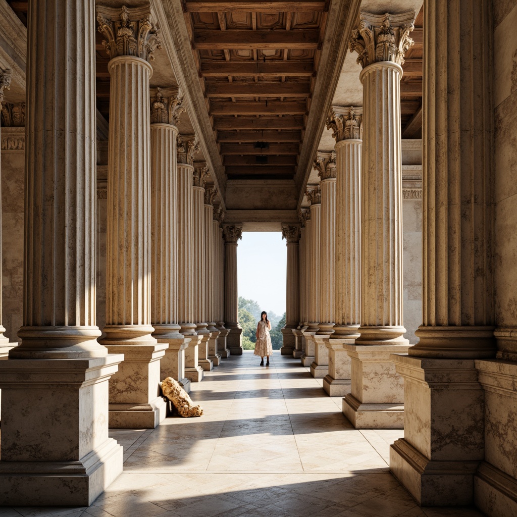 Prompt: Ancient columns, ornate carvings, classical proportions, marble materials, rustic stone bases, fluted shafts, Ionic capitals, intricate moldings, weathered patina, natural light filtering, warm earthy tones, subtle texture variations, 1/1 composition, shallow depth of field, realistic rendering.